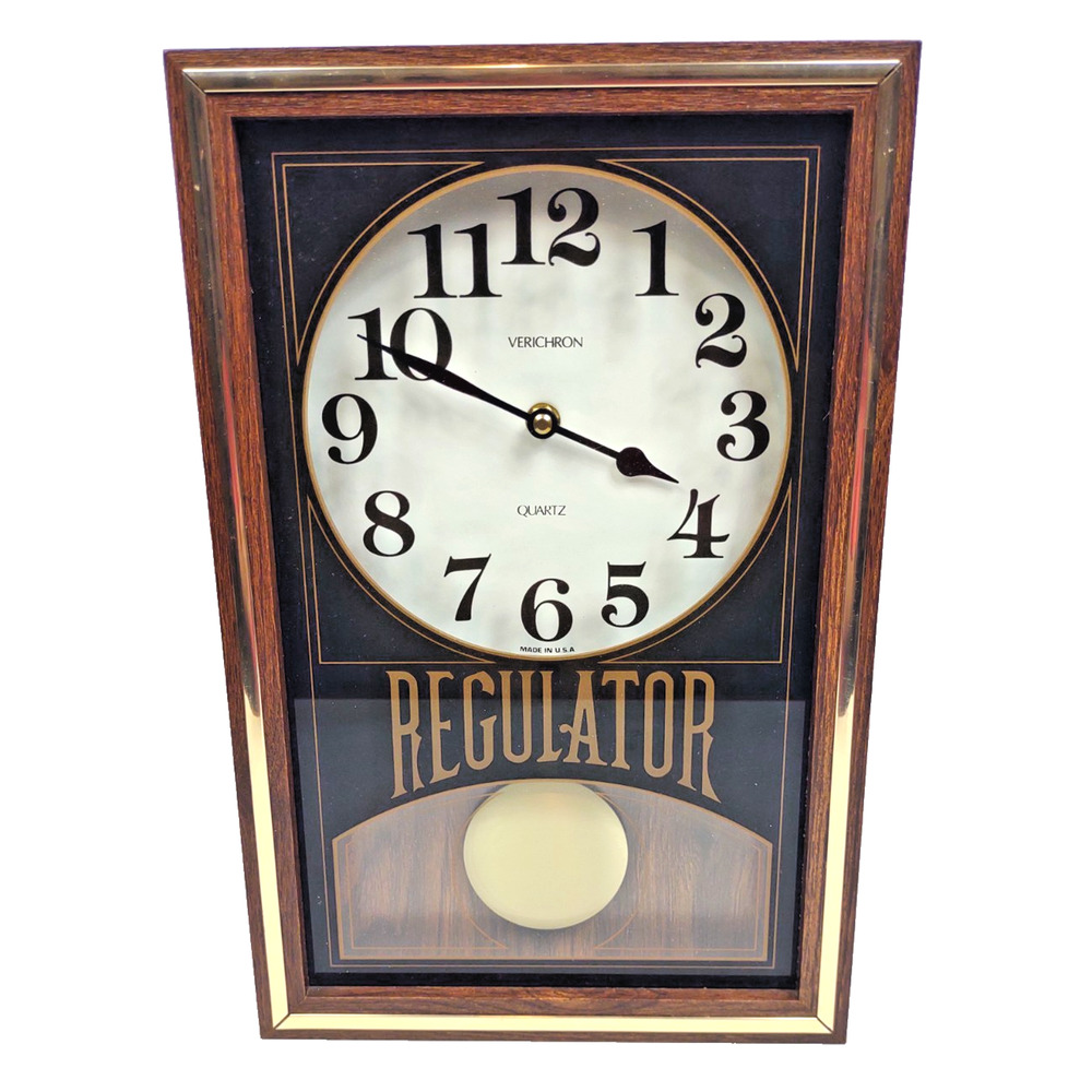 VTG Verichron Regulator Quartz Wall Clock Wood Grain Gold Trim USA Rectangular
